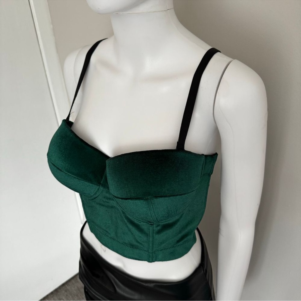 Micas Emerald Green Velvet Bustier Crop Top Corset Style Padded Cups Party - Picture 2 of 3
